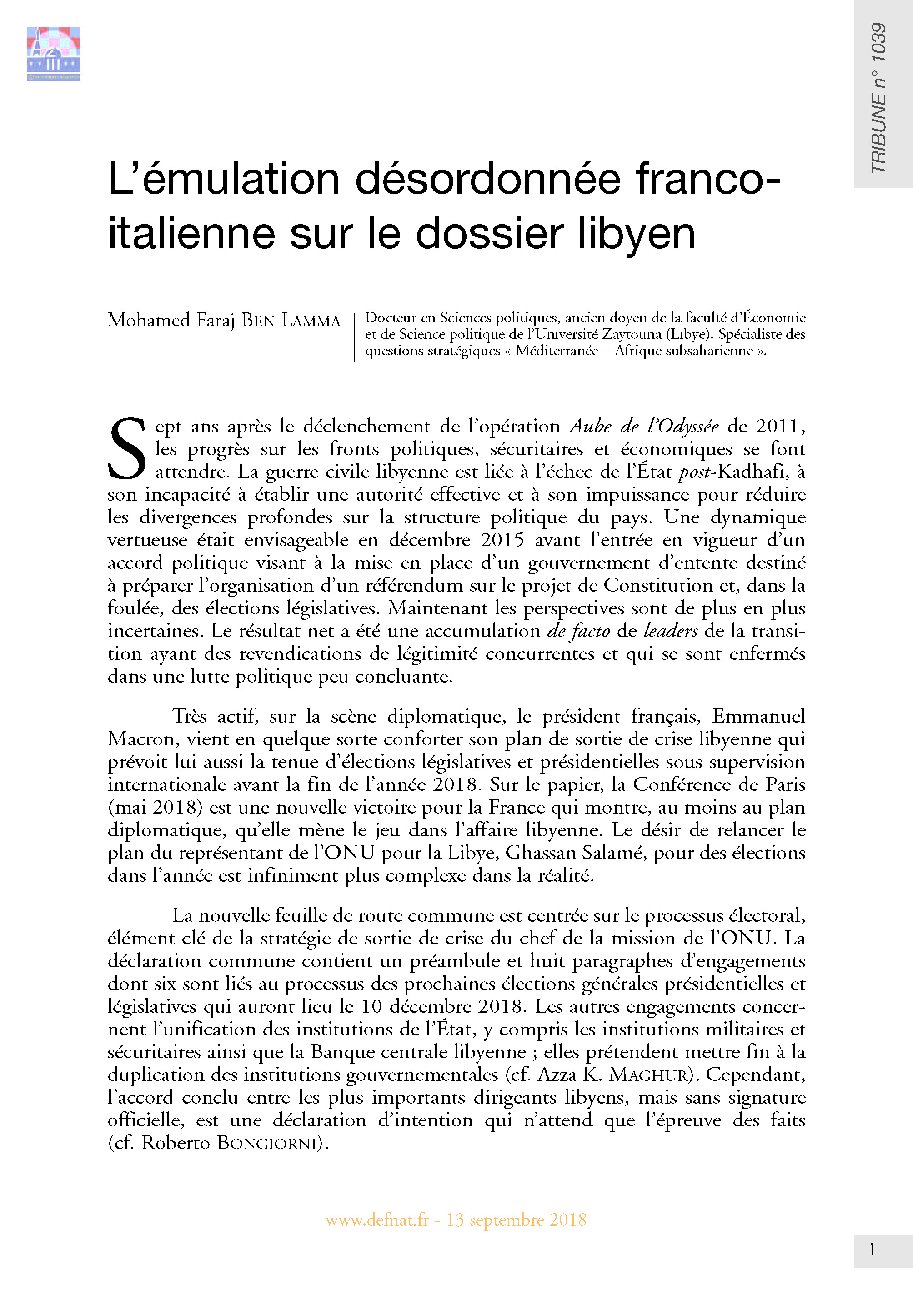 L’émulation désordonnée franco-italienne sur le dossier libyen (T 1039)
